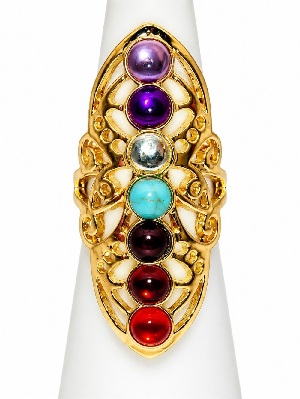 Gold Tone Multicolor Cabochon Statement Ring Size 6